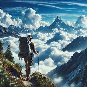 backpacker hiking up a mountain on blue sky with puffy white clouds-3
